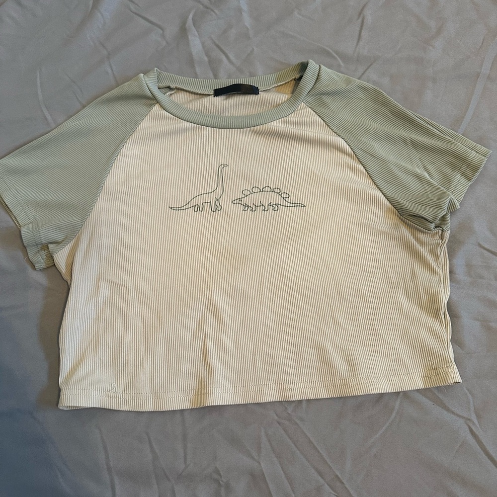 Cropped Dinosaur Graphic Tee - Green and Cream